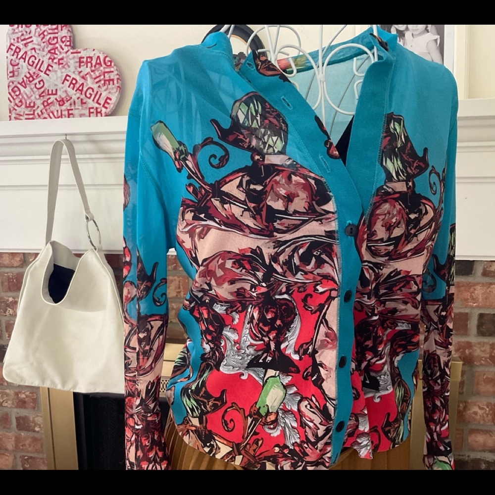 Turquoise tattoo type printed mesh top